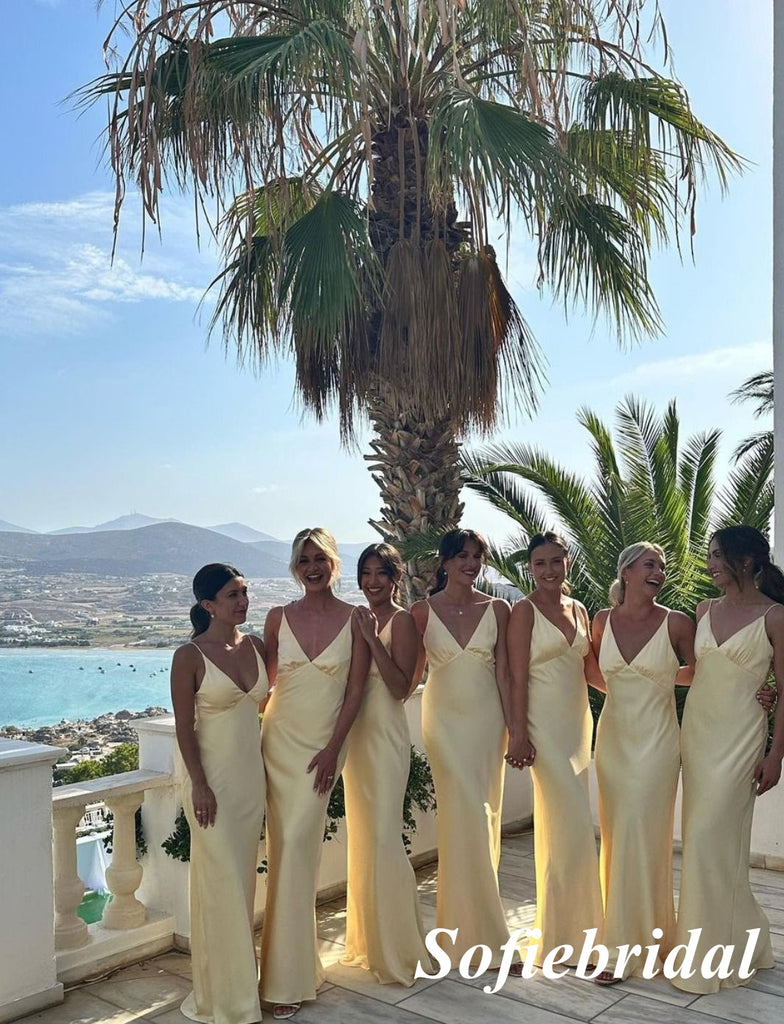 Sexy Soft Satin Spaghetti Straps V-Neck Mermaid Floor Length Bridesmaid Dresses, SFWG00583