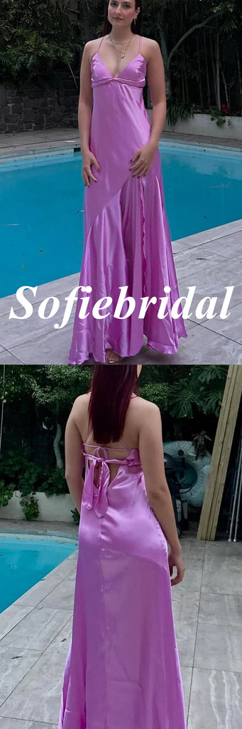 Sexy Soft Satin Spaghetti Straps Sleeveless Side Slit Mermaid Maxi Prom Dress, PD01153