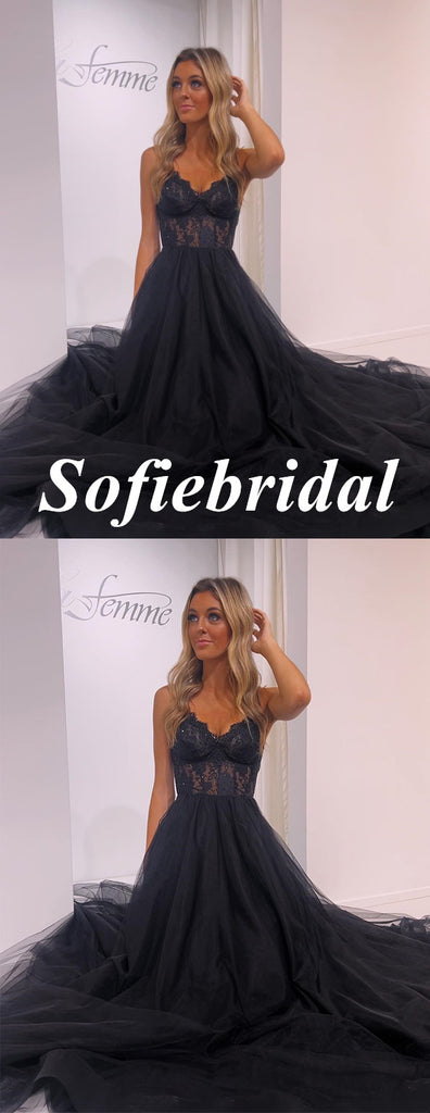 Sexy Tulle And Lace Spaghetti Straps V-Neck Sleeveless A-Line Floor Length Prom Dress, PD01077