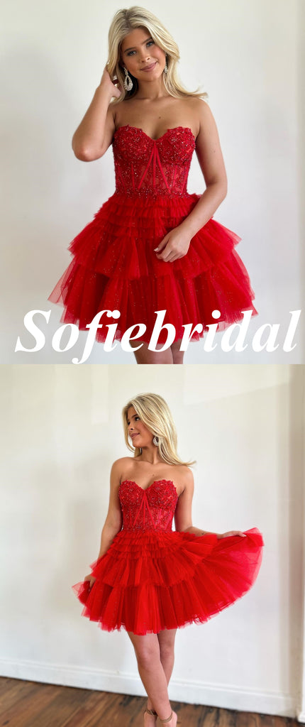Sexy Red Tulle Sweetheart V-Neck A-Line Mini Dresses/ Homecoming Dresses With Beading, HD0258