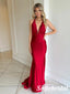 Sexy Red Soft Satin Halter V-Neck Mermaid Long Prom Dresses, PD0977