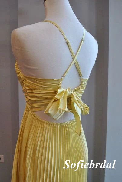 Elegant Yellow Spaghetti Straps V-Neck A-Line Long Prom Dress, PD01017