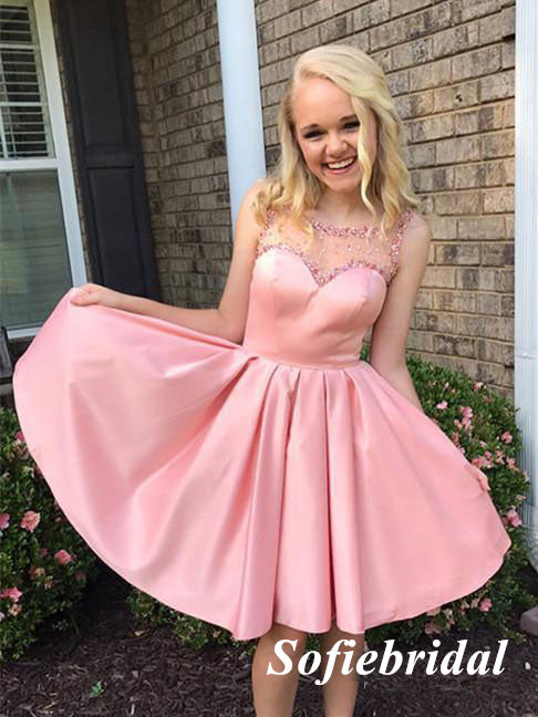 Sexy Soft Satin Spaghetti Straps Round Neck A-Line Mini Dresses/ Homecoming Dresses, HD0265