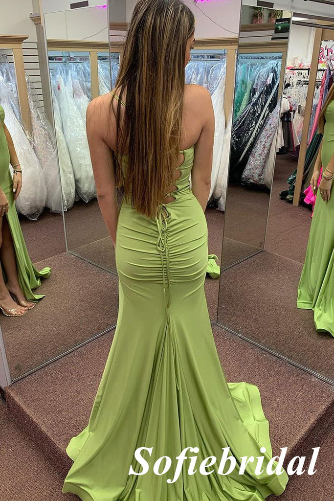 Sexy Soft Satin Spaghetti Straps Sleeveless Lace Up Back Mermaid Floor Length Prom Dress, PD01053
