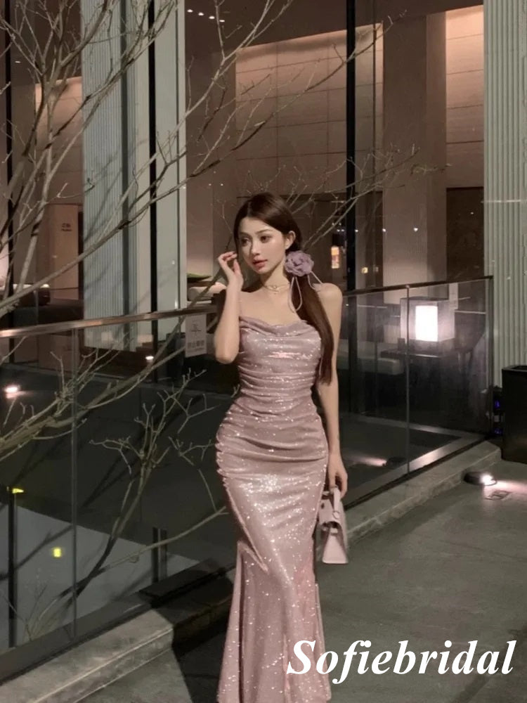 Sexy Shiny Spaghetti Straps Sleeveless Mermaid Floor Length Prom Dress, PD01086