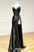 Sexy Satin And Lace Spaghetti Straps V-Neck Sleeveless Side Slit Mermaid Long Prom Dresses, PD0909