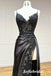 Sexy Satin And Lace Spaghetti Straps V-Neck Sleeveless Side Slit Mermaid Long Prom Dresses, PD0909