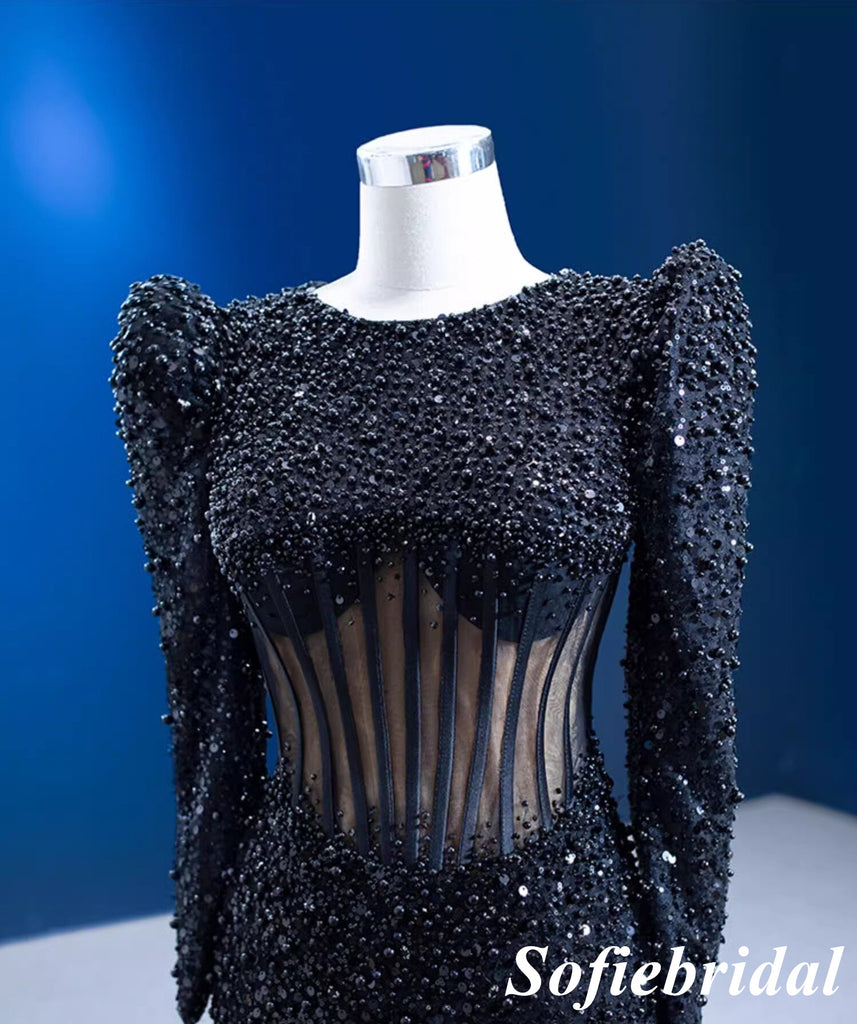 Sexy Black Long Sleeves Mermaid Long Dress Prom Dress With Beading, PD01120
