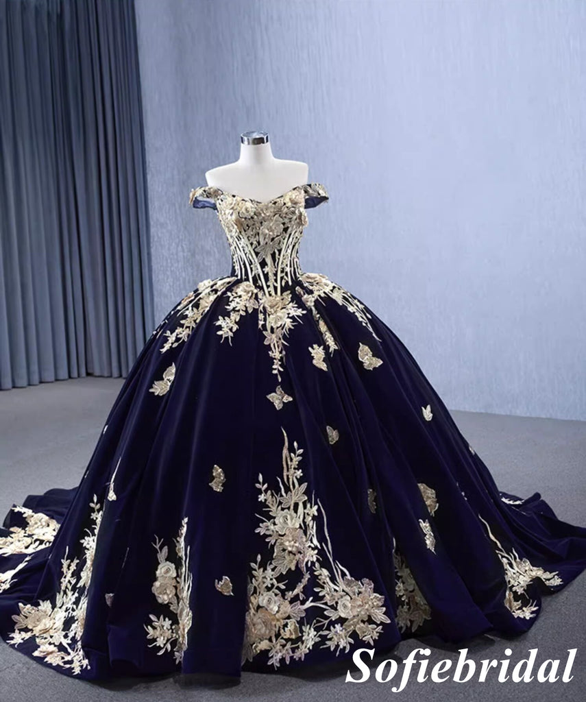 Elegant Off Shoulder Sleeveless A-Line Long Dress Prom Dress With Appliques, PD01114