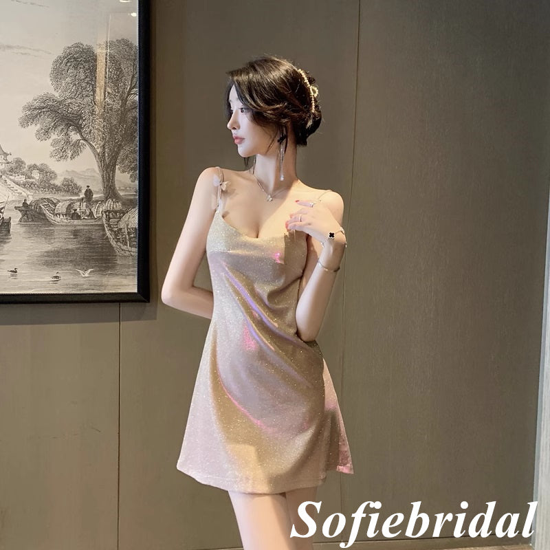 Sparkly Special Fabric Spaghetti Straps V-Neck A-Line Mini Dresses/ Homecoming Dresses With Butterfly, HD0241