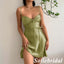 Sweety Green Elastic Satin Spaghetti Straps V-Neck A-Line Homecoming Dresses, HD0238