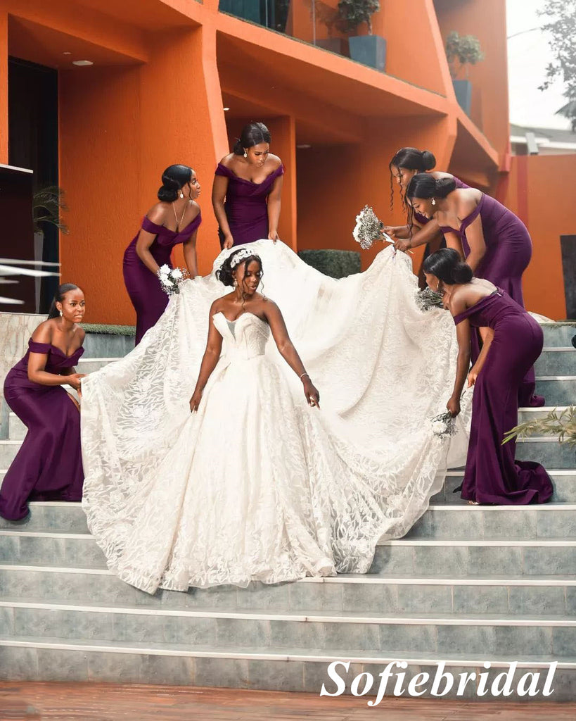 Sexy Orchid Soft Satin Off Shoulder V-Neck Sleeveless Side Slit Mermaid Floor Length Bridesmaid Dresses, SFWG00548