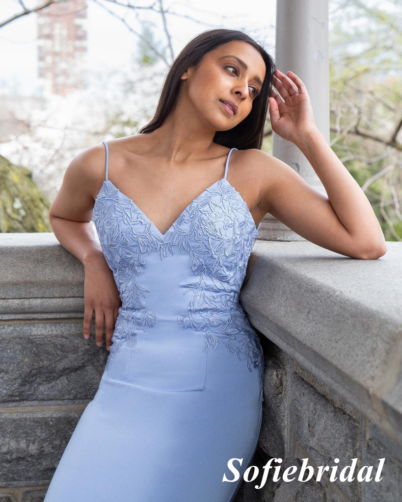 Sexy Satin Spaghetti Straps V-Neck Open Back Mermaid Long Prom Dresses With Appliques, PD0919