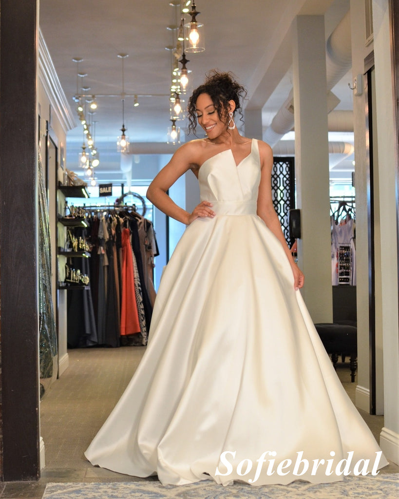Sexy White Satin One Shoulder A-Line Long Prom Dresses, PD0937