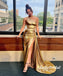 Sexy Gold Elastic Satin One Shoulder Side Slit Mermaid Long Prom Dresses, PD0952