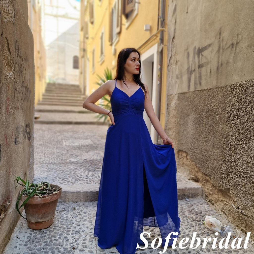 Sexy Royal-Blue Spaghetti Straps V-Neck Sleeveless Criss Cross Side Slit A-Line Long Prom Dresses, PD0926