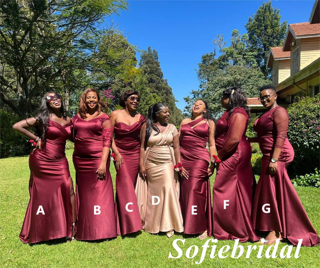 Sexy Mismatched Burgandy Soft Satin Mermaid Floor Length Bridesmaid Dresses, SFWG00531
