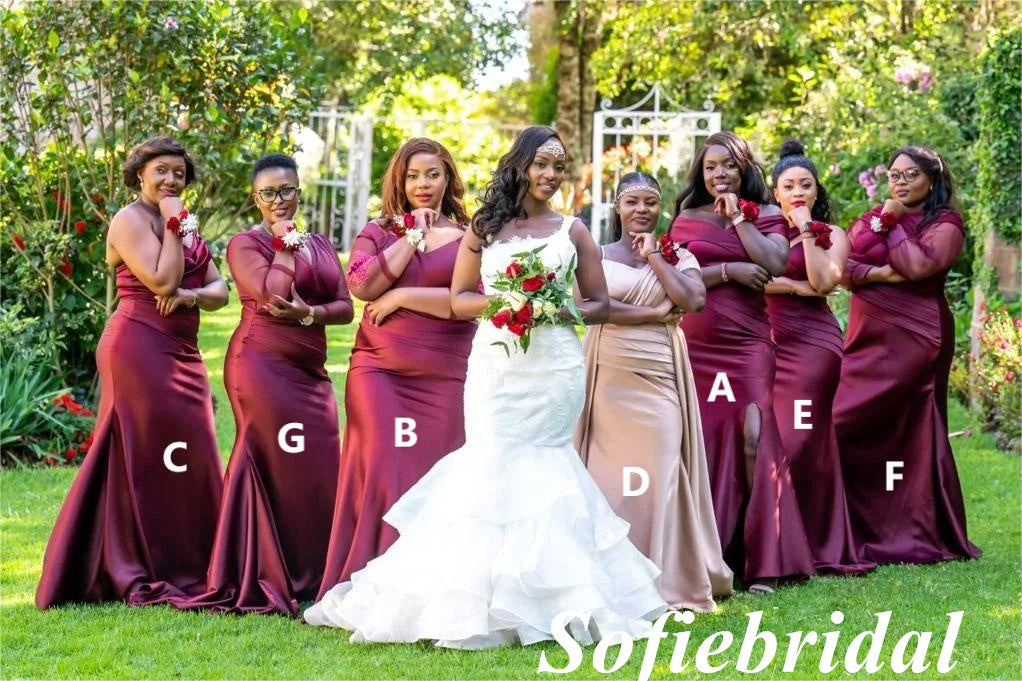 Sexy Mismatched Burgandy Soft Satin Mermaid Floor Length Bridesmaid Dresses, SFWG00531