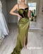 Sexy Soft Satin And Velvet Spaghetti Straps  Side Slit Mermaid Long Prom Dresses, PD0946