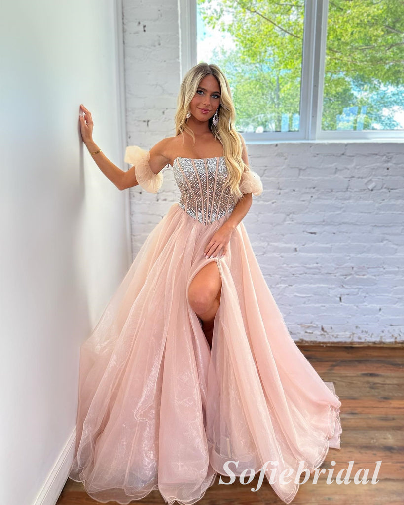 Sexy Special Fabric Sweetheart Sleeveless Side Slit A-Line Long Prom Dresses, PD0903