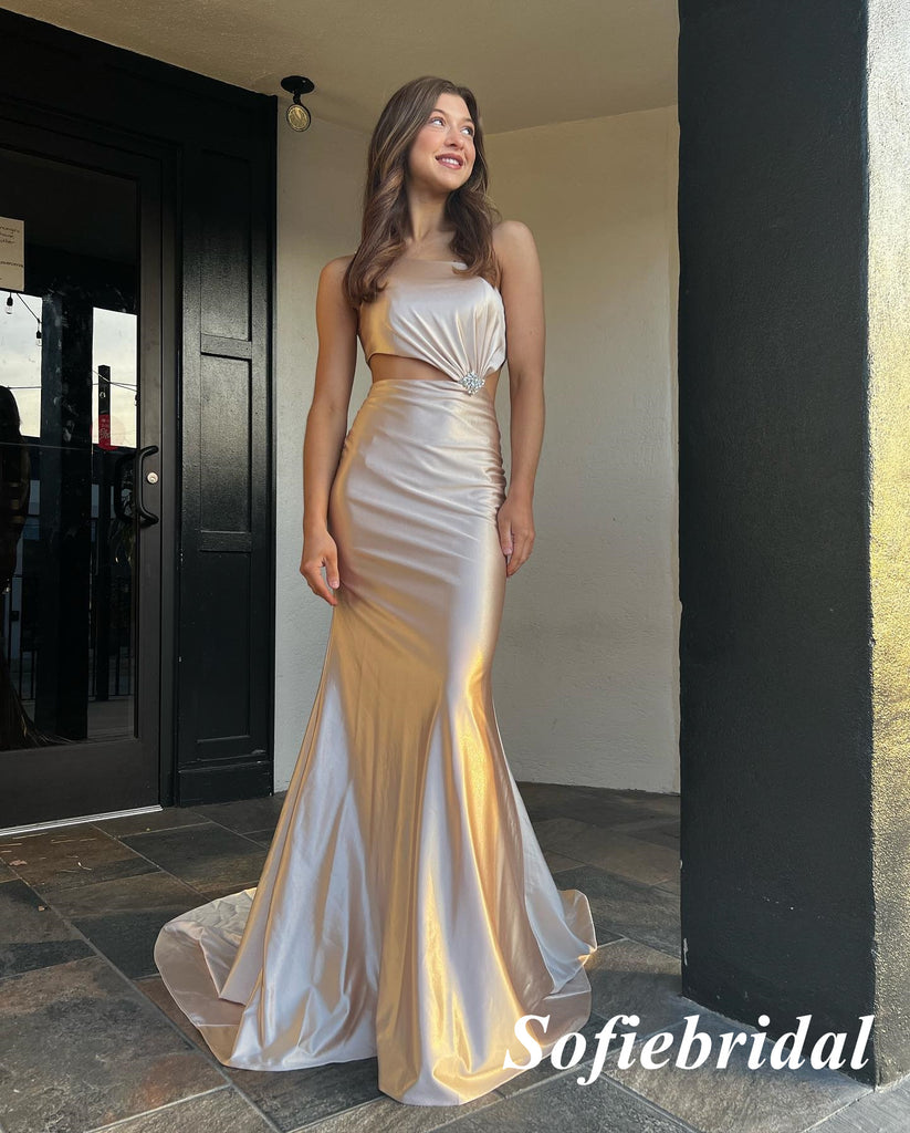 Sexy Elastic Satin One Shoulder Sleeveless Side Slit Long Prom Dresses, PD0970