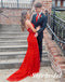 Sexy Red Lace And Tulle Halter V-Neck Sleeveless Mermaid Long Prom Dresses, PD0999