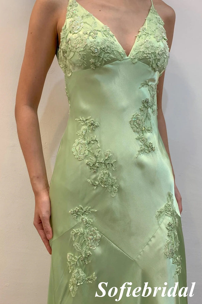 Sexy Soft Satin Spaghetti Straps V-Neck Sleeveless Mermaid Maxi Prom Dress, PD01161