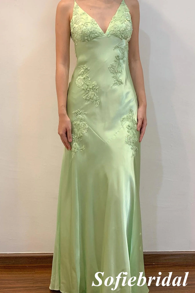 Sexy Soft Satin Spaghetti Straps V-Neck Sleeveless Mermaid Maxi Prom Dress, PD01161