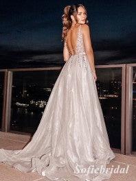 Sexy Spaghetti Straps V-Neck Sleeveless A-Line Long Prom Dresses With Beading, PD0901