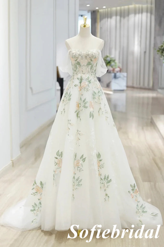 Elegant Tulle Off Shoulder Sleeveless A-Line Lace Up Back Prom Dress With Applique, PD01035