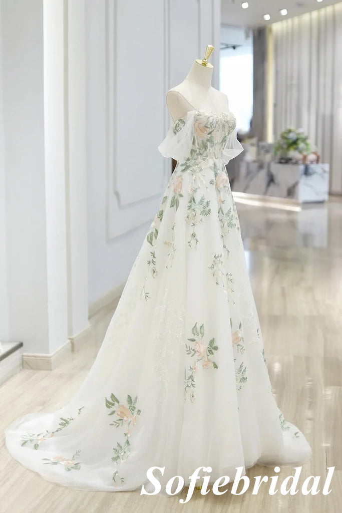 Elegant Tulle Off Shoulder Sleeveless A-Line Lace Up Back Prom Dress With Applique, PD01035