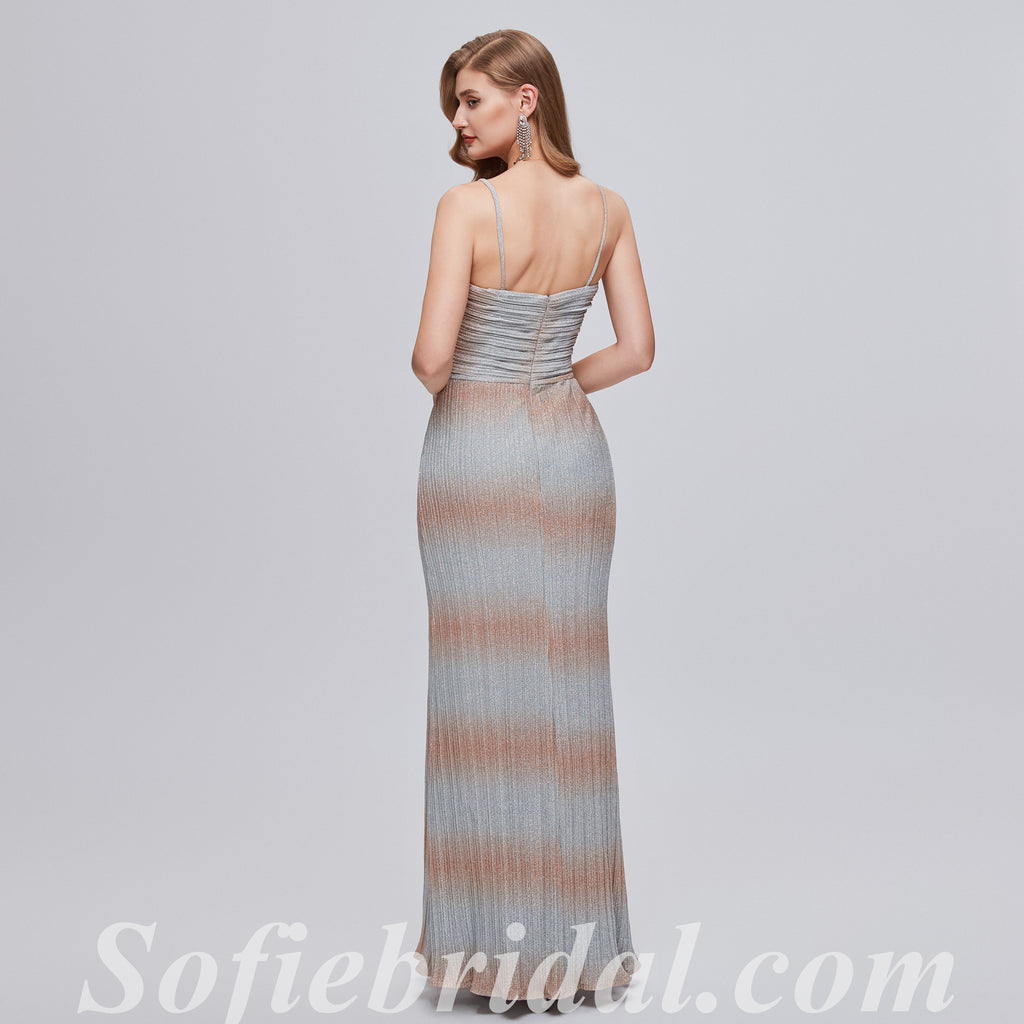 Elegant Special Fabric Spaghetti Straps V-neck Sheath Side Slit Long Prom Dresses,SFPD0349