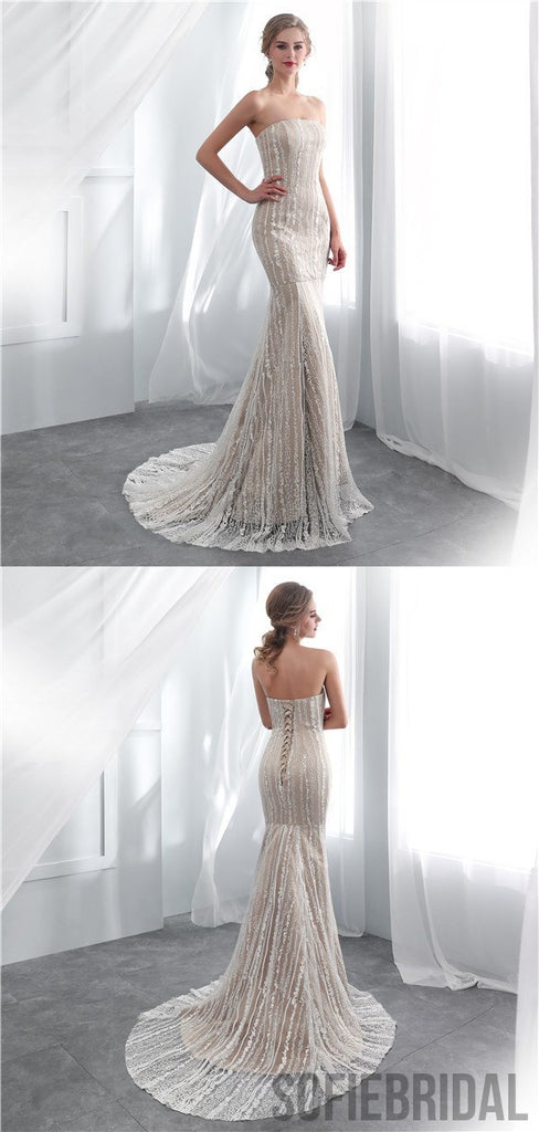 Mermaid Strapless Lace Appliques Lace up Back Wedding Dresses, WD0465