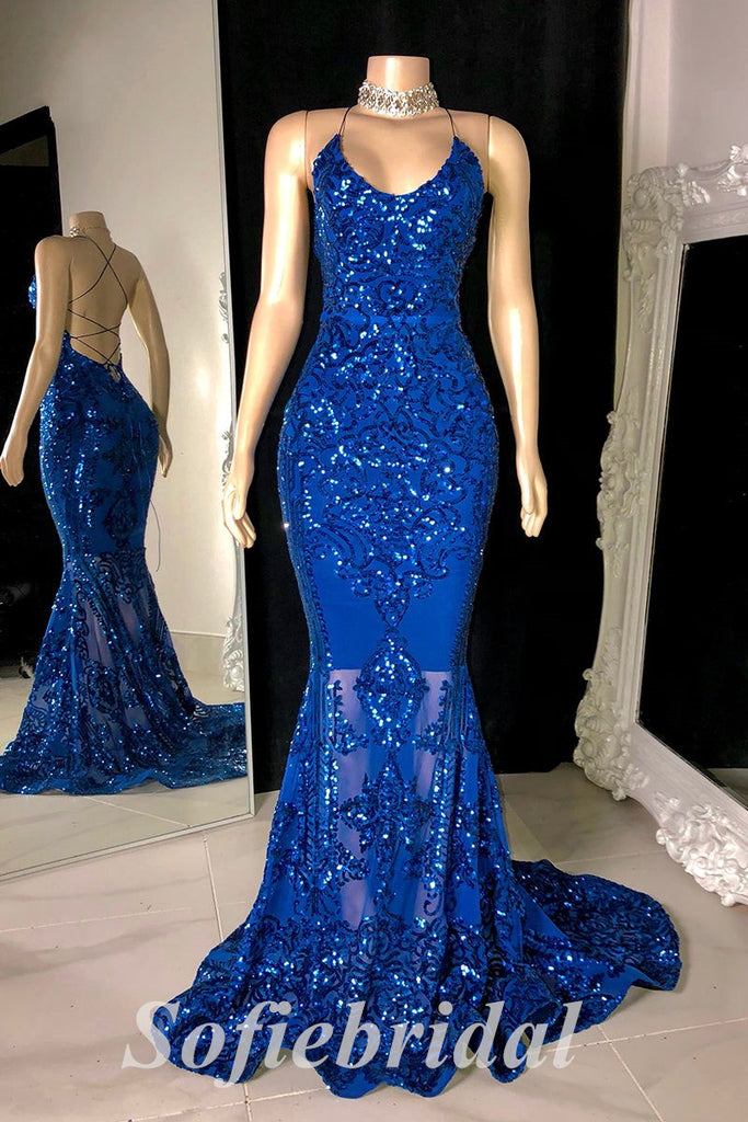 Sexy Shiny Sequin And Tulle Spaghetti Straps V-Neck Sleeveless Criss Cross Mermaid Long prom Dresses,SFPD0714