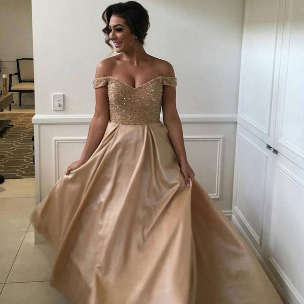 Off Shoulder Beaded Long A-line Satin Wedding Guest Dress, Bridesmaid Dresses, WG35