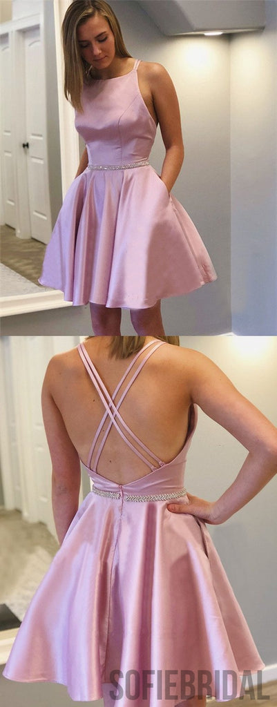 A-line Pink Satin Backless Sleeveless Homecoming Dress With Pocket, HD0132