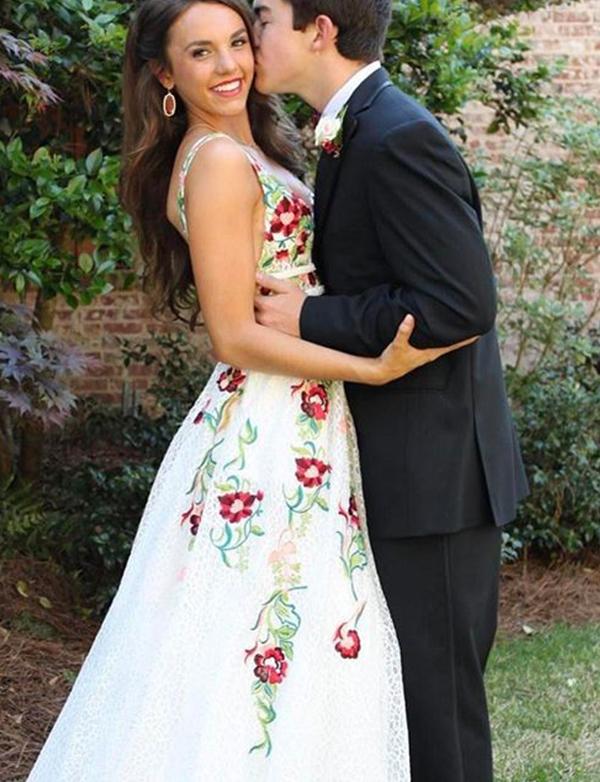 A-Line Deep V-neck Embroidery Long Lace Prom Dresses, PD0077