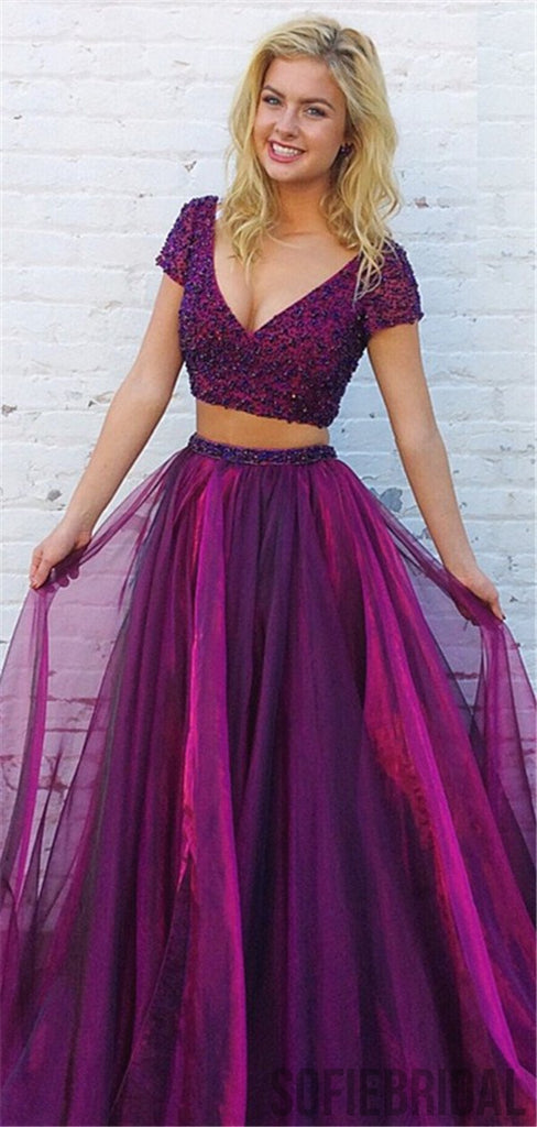 Two Piece Purple Beading Top Long tulle Prom Dress, PD0015