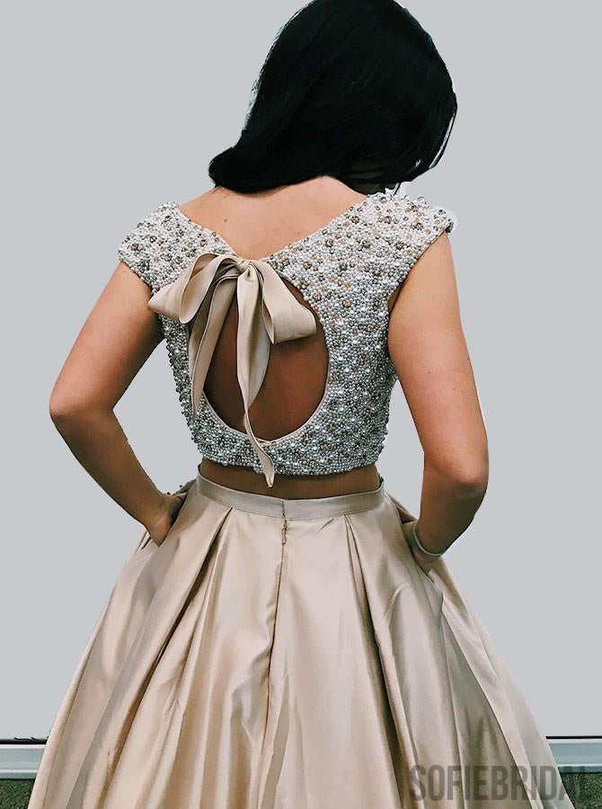 Two Piece Cap Sleeves Open-Back Beading Prom Dress, PD0016