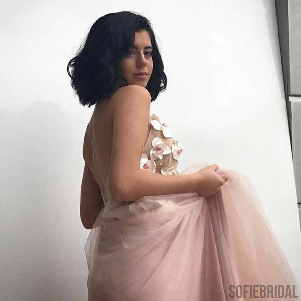 Spaghetti Long A-line Tulle Handmade Flower Prom Dresses, PD0860