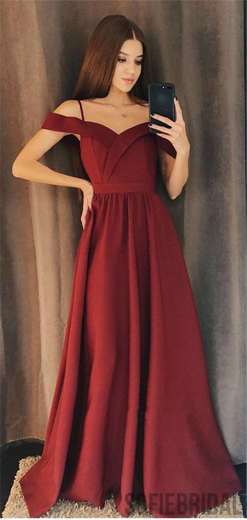 Off-shoulder Burgundy Simple Long Prom Dress With Straps, PD0011