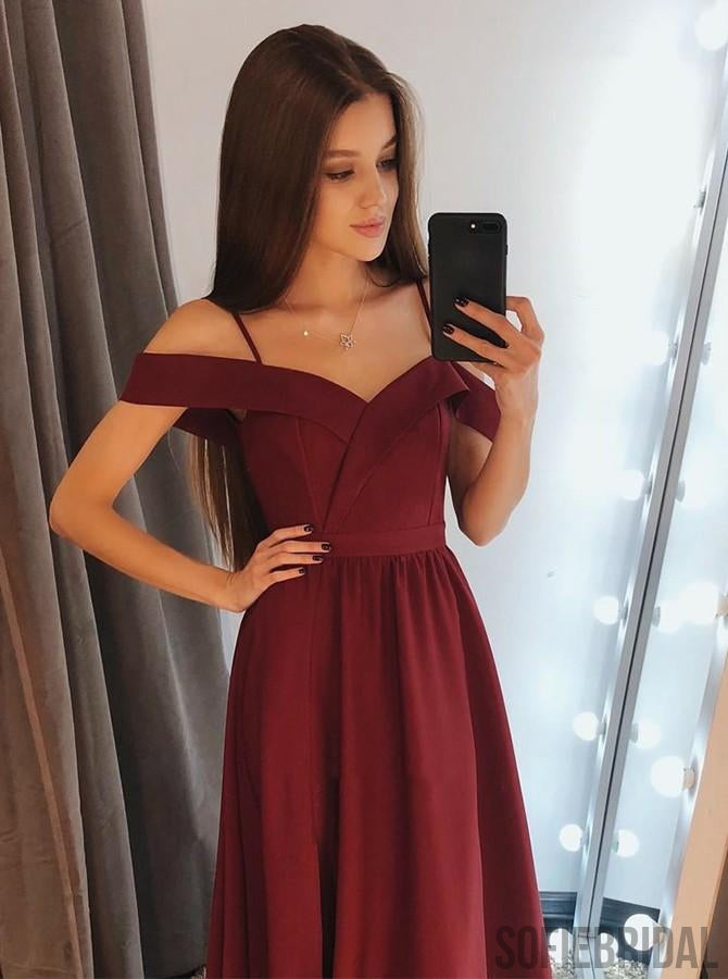 Off-shoulder Burgundy Simple Long Prom Dress With Straps, PD0011