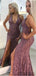 Mermaid V-neck Backless Lace Prom Dresses With Split, PD0074