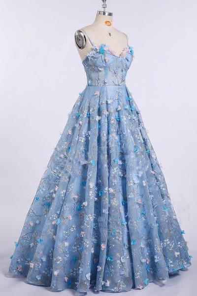 Spaghetti Floral Prom Dresses, Blue Prom Dresses, A-line Prom Dresses, Prom Dresses, PD0677