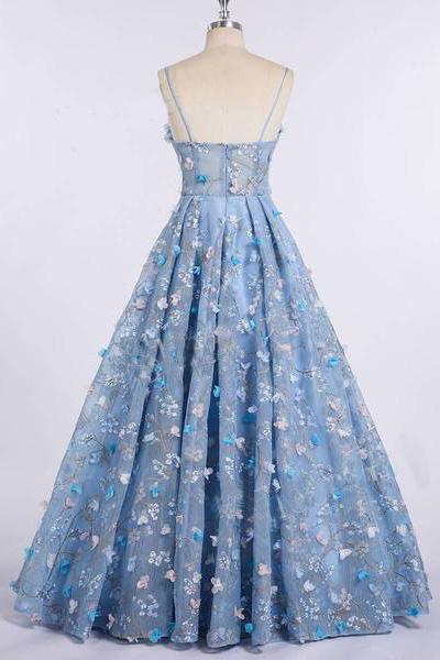 Spaghetti Floral Prom Dresses, Blue Prom Dresses, A-line Prom Dresses, Prom Dresses, PD0677