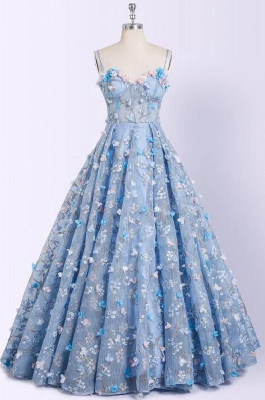 Spaghetti Floral Prom Dresses, Blue Prom Dresses, A-line Prom Dresses, Prom Dresses, PD0677