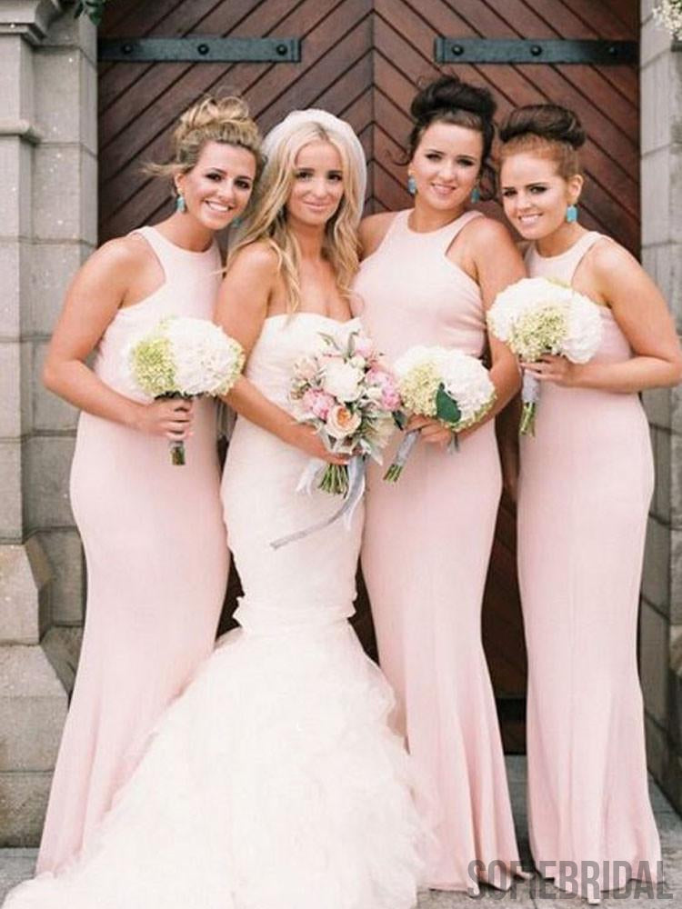 Mermaid Round Neck Long Simple Pink Bridesmaid Dresses, BD1020