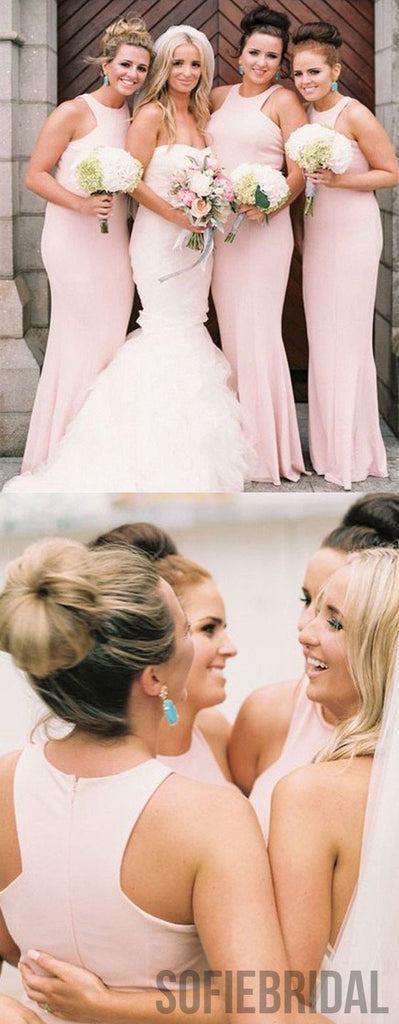 Mermaid Round Neck Long Simple Pink Bridesmaid Dresses, BD1020