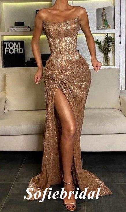 Sexy Sequin Sweetheart Sleeveless Side Slit Mermaid Long Prom Dresses,SFPD0726