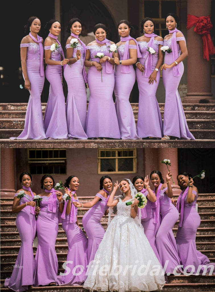 Purple Crepe And Lace Off The Shoulder Mermaid Floor Length Bridesmaid Dressses, SFWG00445